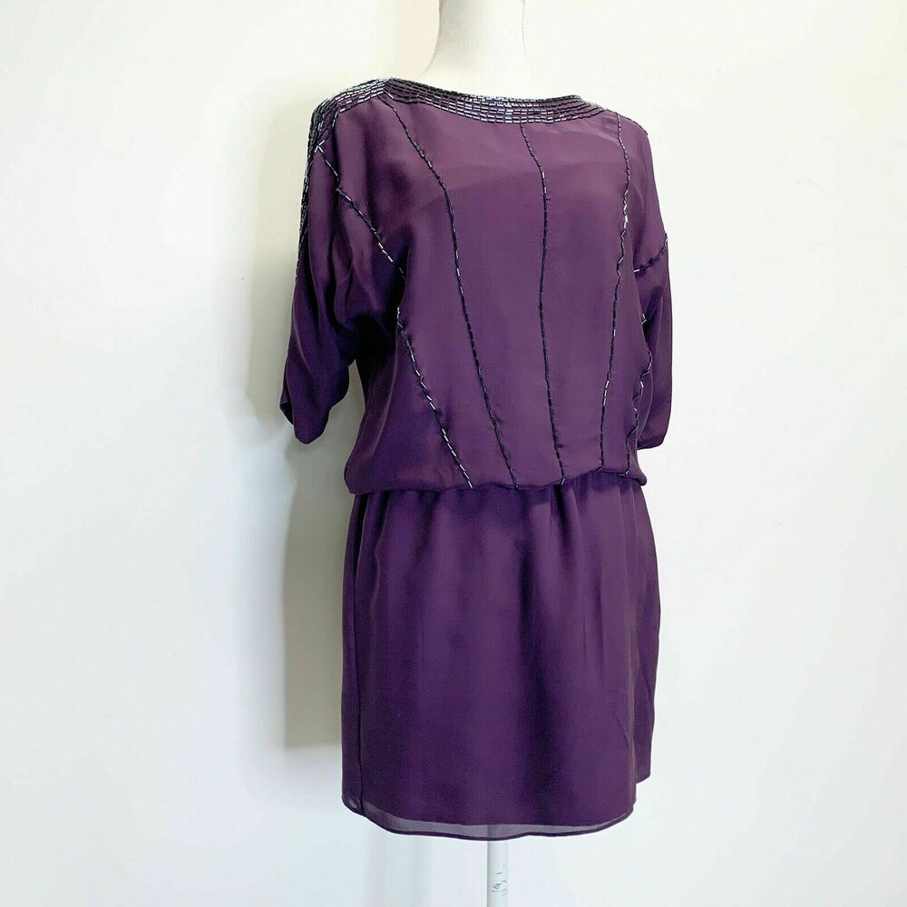 Tibi Purple Silk Beaded Embellished Chiffon Drop-Waist Mini Dress sz 6